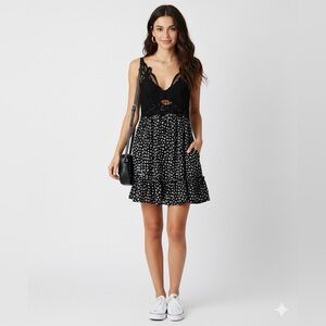 Trixxi | Black and White Floral Lace Mini Dress with Crossed Spaghetti Straps